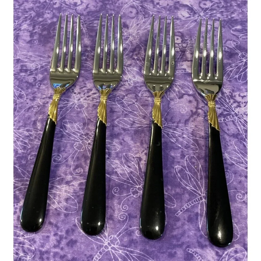 Yamazaki Lindi Salad Forks 18/8 Stainless Black Handle Gold Accent Set Of‎ 4 VTG
